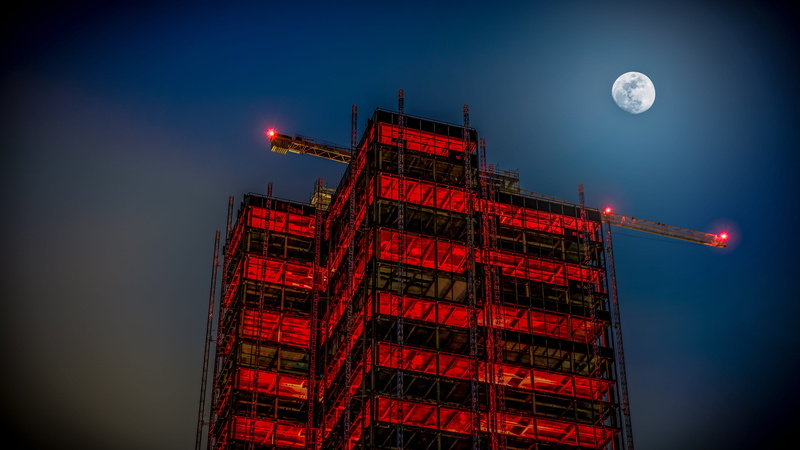 built structure, low angle view, skyscraper, steglitzer kreisel, light, moonlight, space, city, architecture, illuminated, scaffold, building, structure