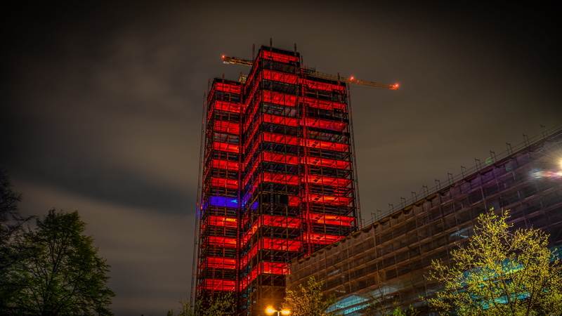 scaffold, christmas, building, rehabilitation, architecture, light, built structure, city, site, dusk, nature, cloud - sky, low angle view, gutting, tower