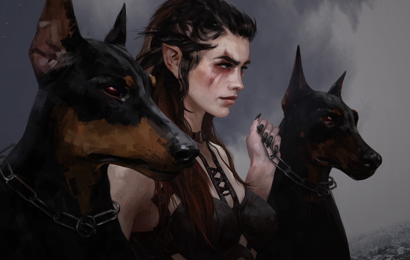 pet, side view, black nails, chains, digital art, artwork, brunette, women, hounds, 4K, ArtStation, drawing, dog, pointed ears, digital painting, Ekaterina