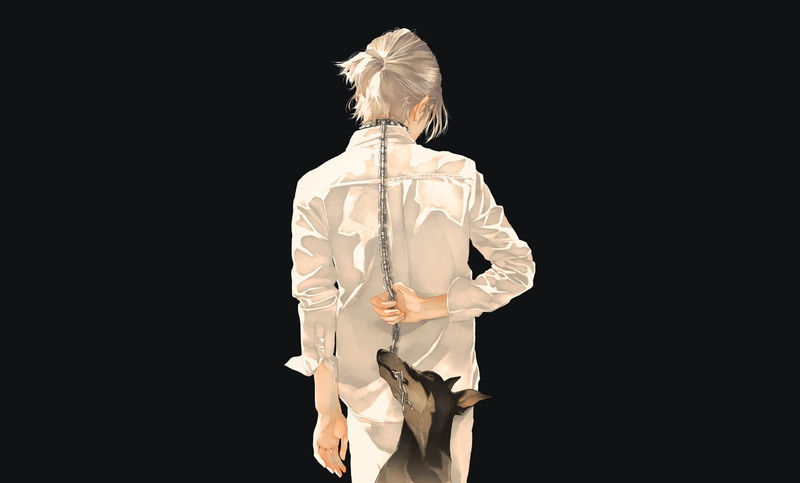 guy, chain, art, 1080P, Doberman, dog