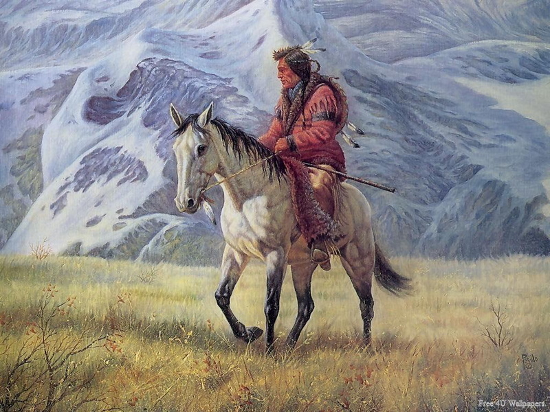 hd, 480P, hills snow, horse, indians, people, art, snow, buffalo, no buffalo, hills