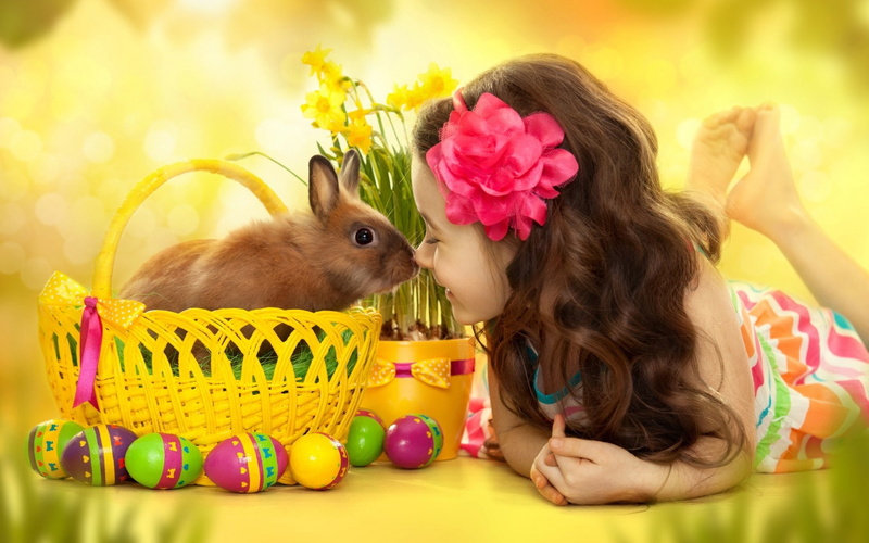 Holiday, Flower, Easter, Little Girl, Bunny, 1080P, Cute, Basket, Easter Egg