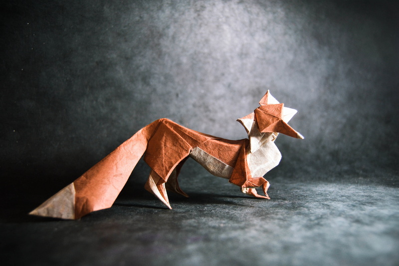 black background, origami, one animal, no people, studio shot, Fox, single object, 4K, mammal, art and craft, grey, brown, creativity, domestic animals