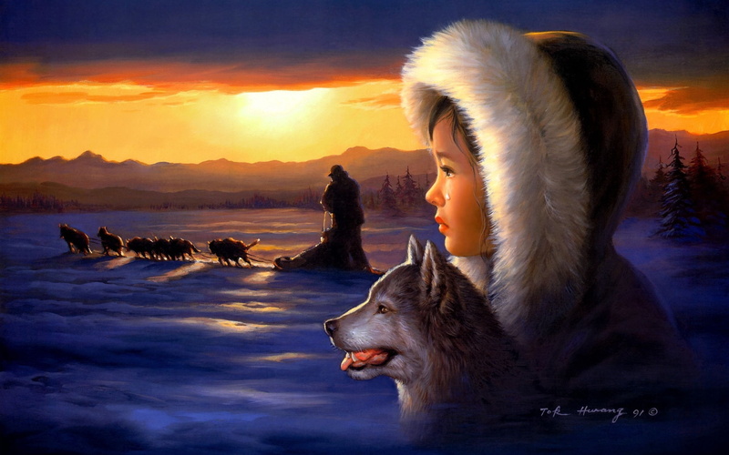 people, snow, 1080P, hd, wolf, girl, artistic, pack, painting