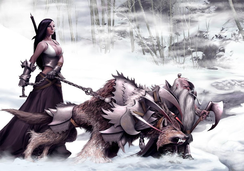 wolf, people, holding, warrior, dwarfs, representation, black, young adult, sculpture, winter, real people, day, sword, two, ceramic, nature, chains, weapon