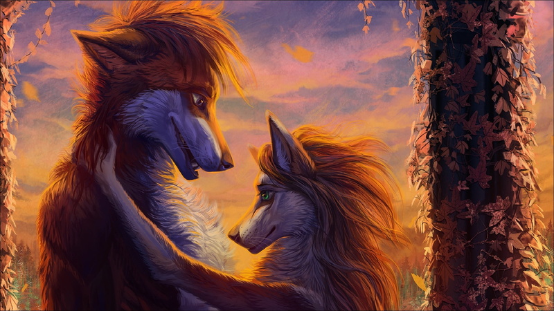 Art, painting, picture, love, two, wolves, 1080P, fantasy
