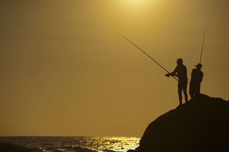 s, fishing, men, horizon, seashore, sand, golden, orange color, sky, 4K, real people, outdoors, seascape, rock, activity, reflection, leisure activity