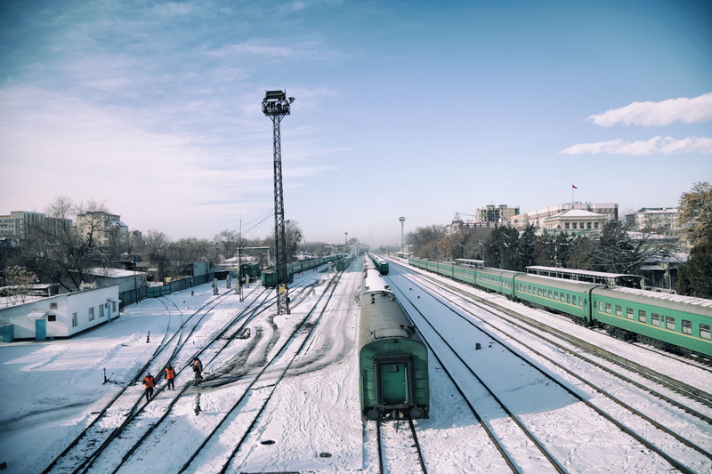 snow, track, 5K, transportation, snowcapped mountain, cloud - sky, architecture, bishkek, winter, street light, public transportation, railroad track