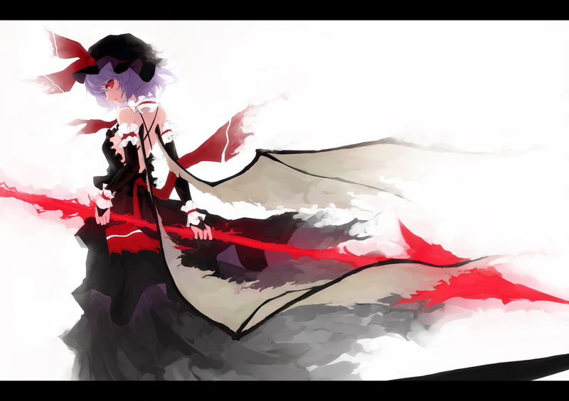 short, spears, anime, wings, touhou, hats, white, vampires, dress, red, purple, black, back, remilia, girls, 2K, games, eyes, weapons, gungnir, background