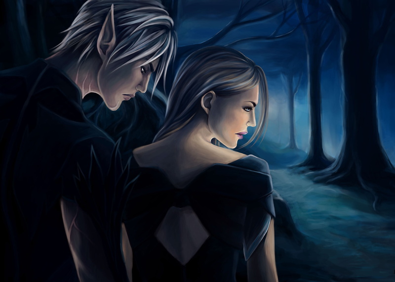 Dragon Age, Hawke, Fenris, guy, girl, fan art, forest, elf, 2K