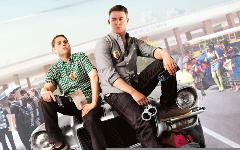 21 Jump Street, young men, lifestyles, sitting, adult, two people, Macho and the nerd, Shocker, collage, day, handcuffs, cops, front view, icons, police
