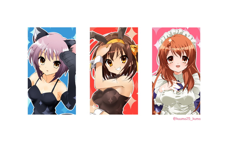 anime girls, 1080P, Suzumiya Haruhi, white background, animal ears, maid, The Melancholy of Haruhi Suzumiya, Asahina Mikuru, Nagato Yuki, anime