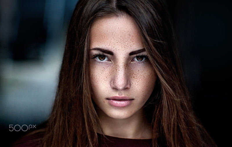 freckles, young adult, front view, looking at viewer, long hair, human face, model, women, adult, black background, looking at camera, brown hair, beautiful woman
