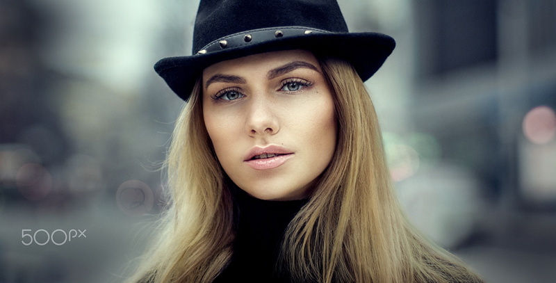 headshot, looking at camera, portrait, looking, one person, human face, hat, contemplation, model, long hair, young women, beautiful woman, clothing, beautiful people