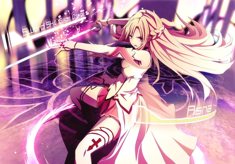 online, hair, thigh, short, anime, long, asuna, pink, sword, rapier, swords, 720P, art, skirts, braids, yuuki, girls, weapons, highs, eyes