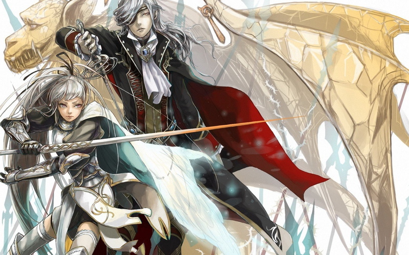 dress, 720P, art, rapier, long, beautiful, guy, girl, hair, sword, griffin