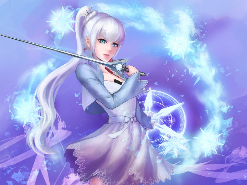 Weiss Schnee, fan art, snow, rapier, anime girls, ice, 2K, RWBY, skirt, Myrtenaster, digital art, white hair