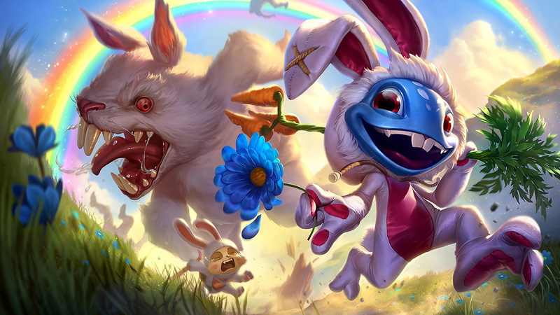 Teeth, Rainbow, Flower, Trident, League of legends, 4K, The game, Evil, Carrot, Rabbit, Smile, Carrots, Game, Costume, Angry, Fizz, Mad, Riot Games, LoL