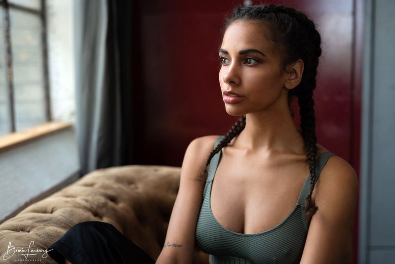 sofa, dark, braids, 1080P, portrait, model, topic, makeup, brunette, pose, Bernie Lamberz, beauty, window, hairstyle, bokeh, Pat Lee
