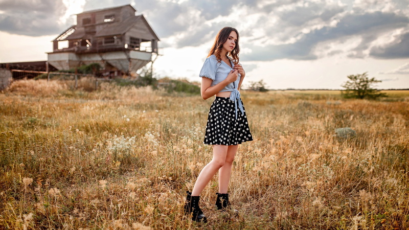 makeup, figure, skirt, topic, bokeh, model, 2K, portrait, hairstyle, clouds, Alexey Yuryev, look, in the field, nature, is, pose, brown hair, Anastasiya