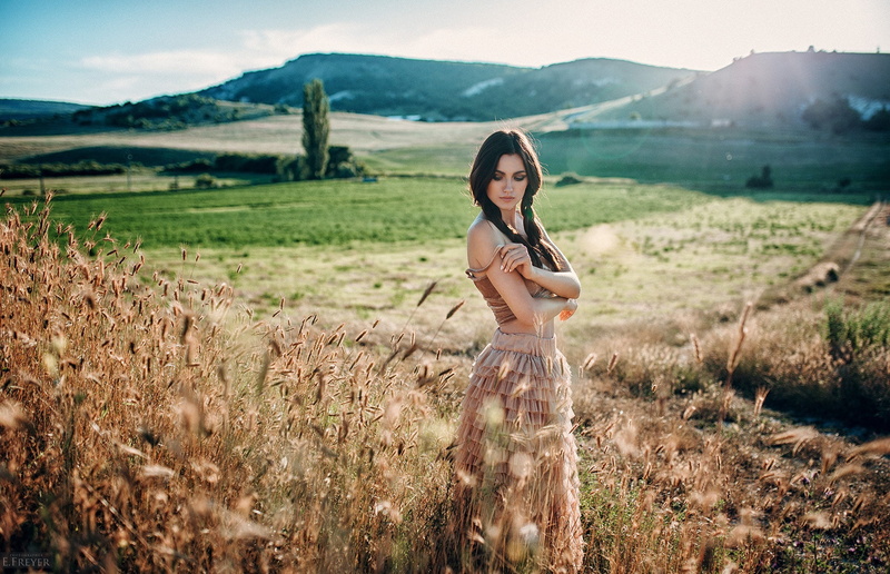 the sun, Evgeny Freyer, bokeh, braids, brunette, grass, beauty, topic, makeup, Katya, hairstyle, field, hills, 1080P, skirt, landscape