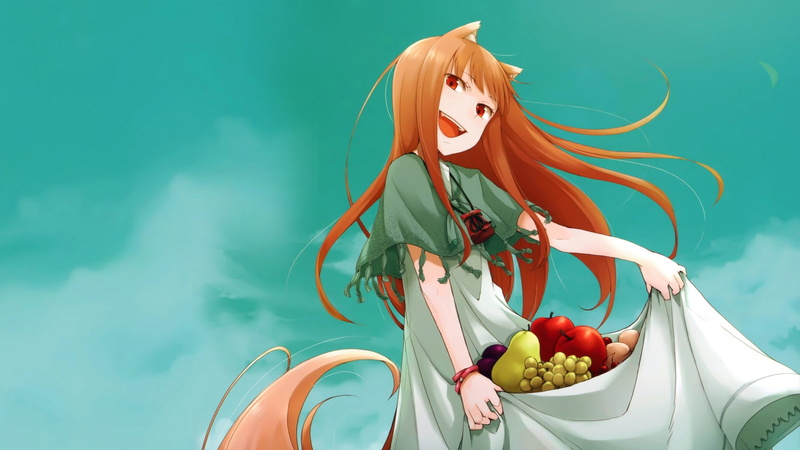 anime, one person, fruit, beautiful woman, food, healthy eating, Okamimimi, wolf girls, Spice and Wolf, women, wellbeing, nature, fashion, Holo, studio shot