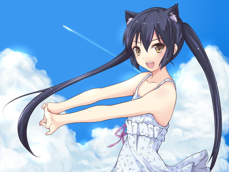 nakano, hair, taka kun, 1080P, catgirl, eyes, azusa, long, ears, dress, twintails, black, brown, summer, animal, k on, clouds