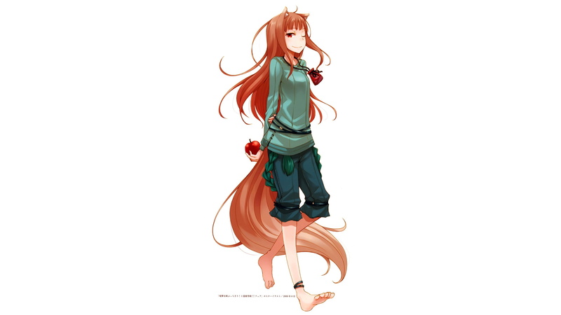 wolf girls, barefoot, long hair, 2K, tail, Okamimimi, apples, Holo, anime, smiling, Spice and Wolf