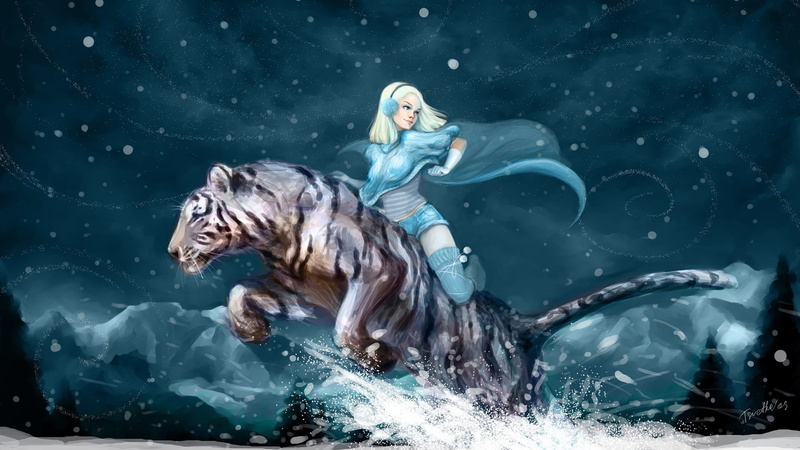 tiger, 1080P, girl, art, artistic, snow, winter