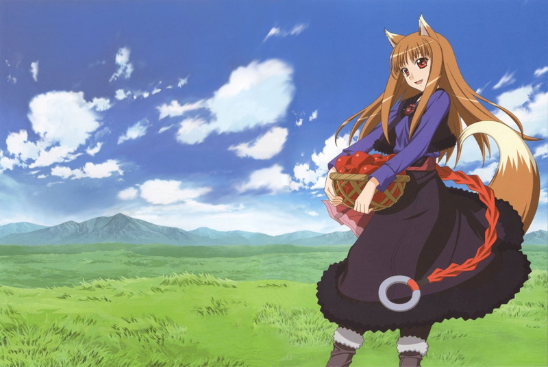 Apple, Girl, Holo (Spice and Wolf), Smile, Sky, Boots, Long Hair, Field, Red Eyes, Grass, Skirt, 1080P, Tail, Nature, Spice and Wolf, Cloud, Brown Hair