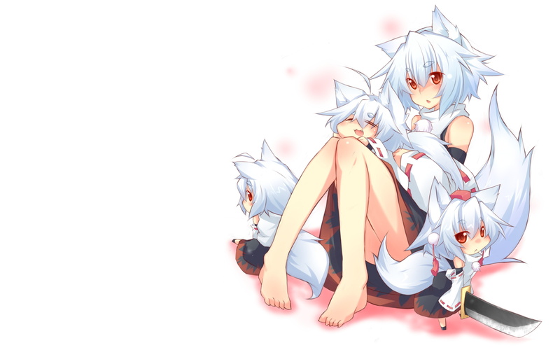 background, ears, 2K, hair, short, red, detached, knees, inubashiri, chibi, white, touhou, girl, sleeves, girls, anime, tails, eyes, momiji, animal, simple