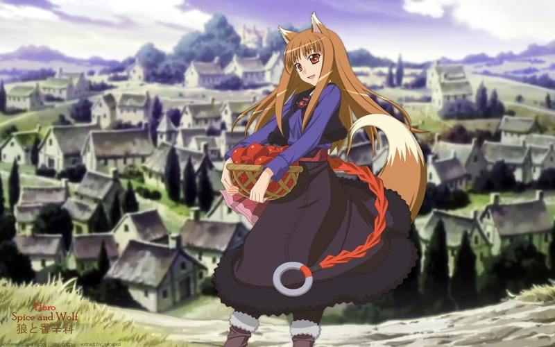 Okamimimi, built structure, outdoors, scarf, building, unrecognizable person, costume, leisure activity, Spice and Wolf, hairstyle, day, real people, nature