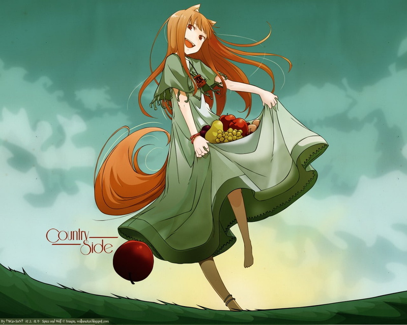 anime girls, 720P, Okamimimi, Holo, Spice and Wolf, apples
