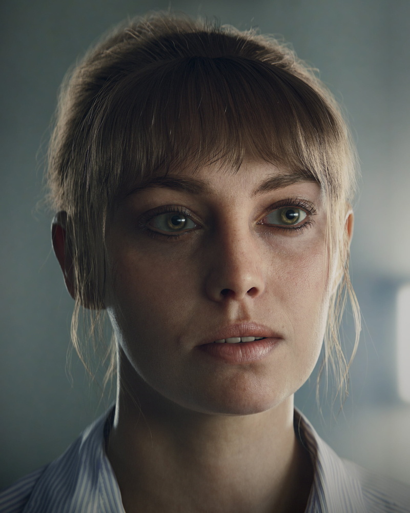 open mouth, CGI, ArtStation, women, brown eyes, artwork, face, hairbun, digital art, green eyes, 3D, looking away, Johan Vikstrom, looking at the side