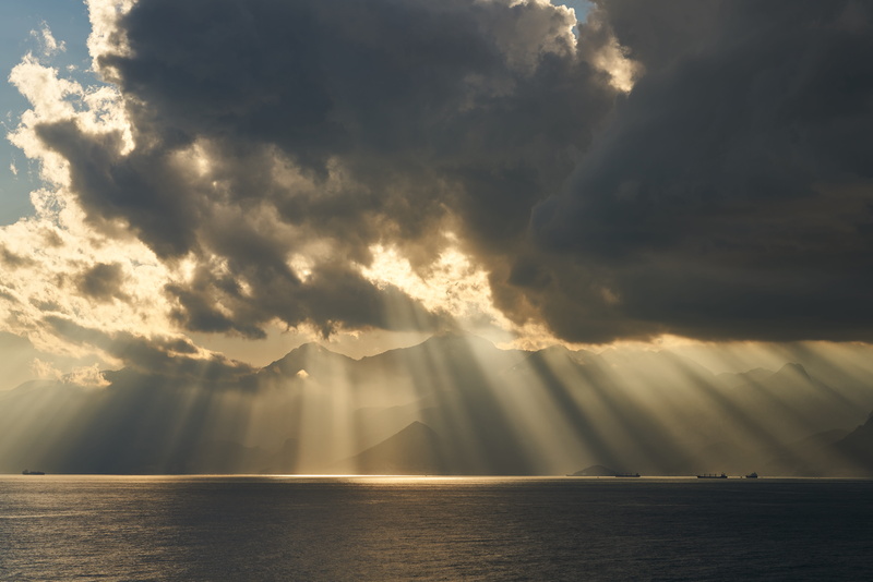 waterfront, scenics - nature, beach, unbelievable, atmosphere, mountains, sea, great, paradise, cloud - sky, tranquility, marine, solar, dramatic, travel