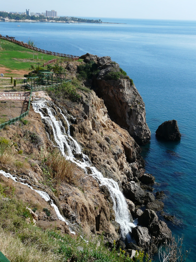 solid, sea, rock, resort, day, scenics, horizon, waterfall, water, outdoors, Düden Waterfall, horizon over water, sky, tranquility, rocky coastline, scenics - nature