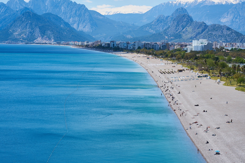 turquoise colored, water, mountain, 8K, sand, land, turkey, view, tranquility, relax, sea, tourism, beach, summer, pastoral, antalya, travel destinations