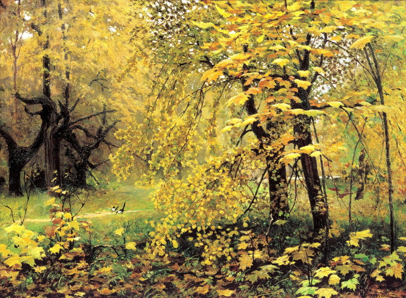 forest, Ostroukhov, 1080P, landscape, nature, magpies, Golden autumn, painting, picture, figure