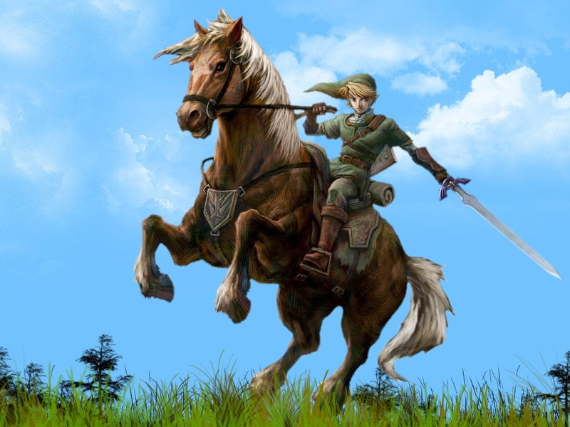 legend, illustration, grass, day, outdoors, livestock, Epona (The Legend of Zelda), animal wildlife, mammal, sky, Link, low angle view, herbivorous, 480P