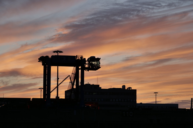 sunset, van carrier, dawn, cloud - sky, hamburg, port of hamburg, sunrise, nature, port, architecture, no people, building exterior, scenics - nature, construction equipment