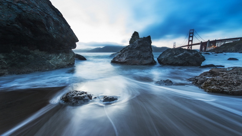 Golden Gate Bridge, long exposure, rocks, 1080P, sea, coast, bridge