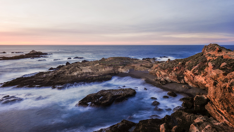 rock - object, cove, sunset, point lobos, shoreline, body, beach, outdoors, promontory, tranquility, solid, scenics - nature, rock, ocean, flowing water