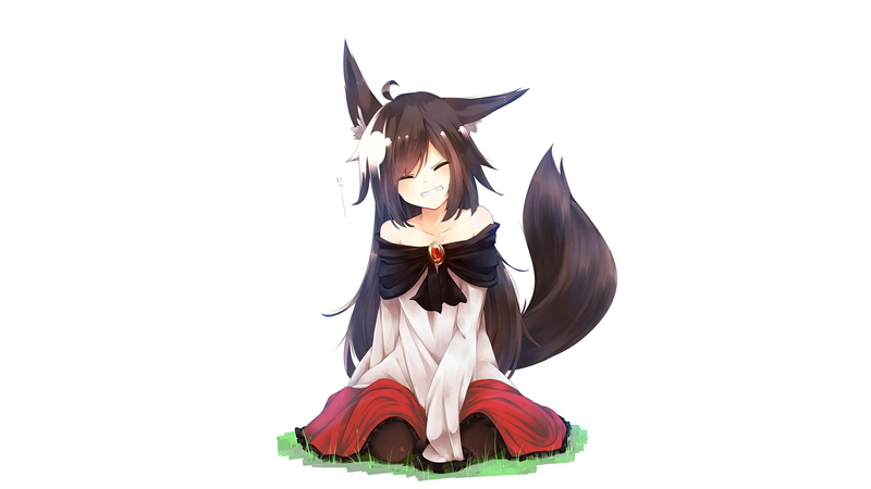 black hair, long hair, anime girls, 1080P, fox tail, fox girl, anime, simple background, kitsunemimi, smiling