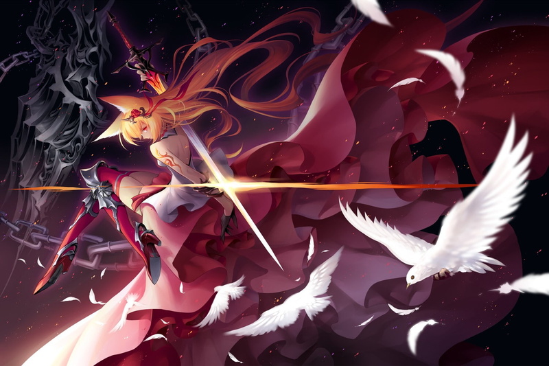 sword, birds, 720P, anime girls, original characters, anime, dress, kitsunemimi, thigh-highs