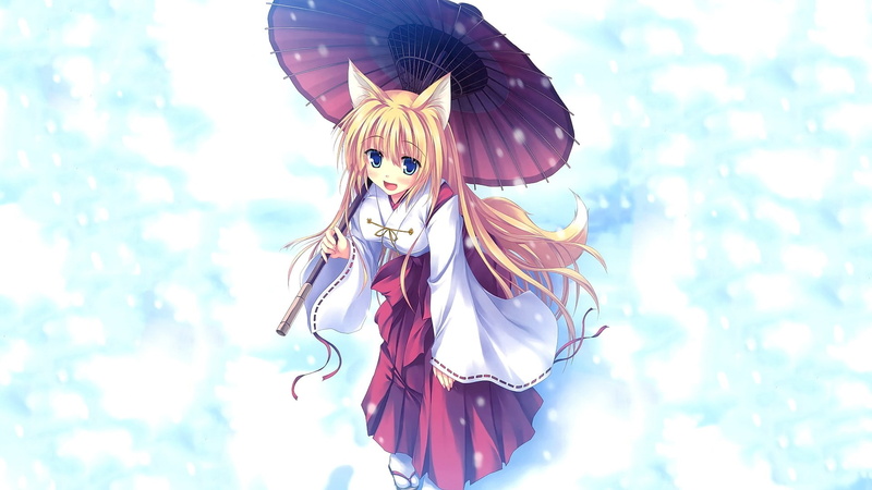 snow, blonde, fox girl, original characters, long hair, animal ears, miko, kitsunemimi, umbrella, open mouth, 1080P, anime, looking at viewer, blue eyes