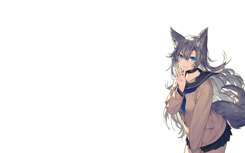 anime, white background, tail, school uniform, kitsunemimi, simple background, blue eyes, 1080P, original characters, animal ears, anime girls