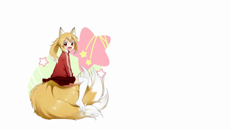 blondes, short, orange, simple, white, anime, ears, background, girls, fox, hair, 1080P, eyes, kitsunemimi, animal, tails, stars, red