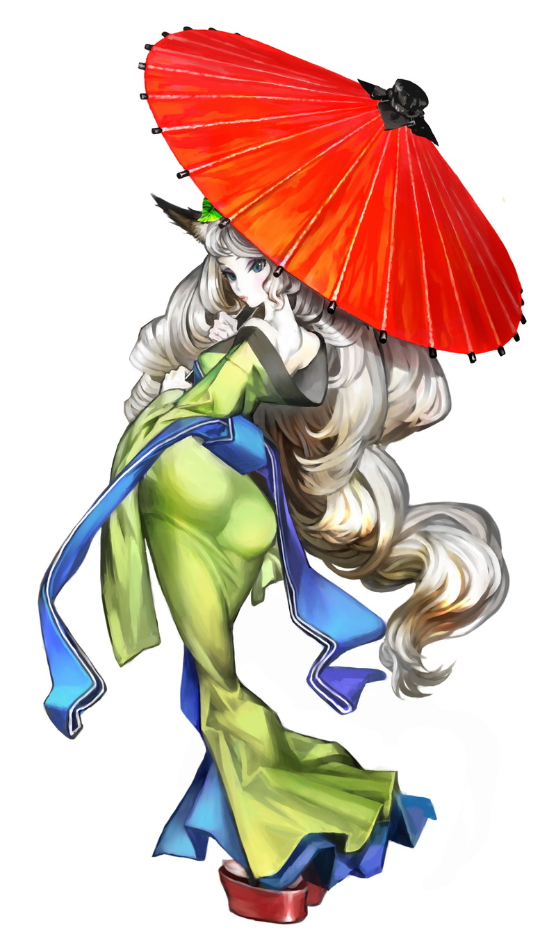 simple, bare, kitsunemimi, clothes, green, sandals, games, umbrellas, dress, girls, 2K, ears, wavy, eyes, hair, fox, wide, pale, shoulders, anime, white