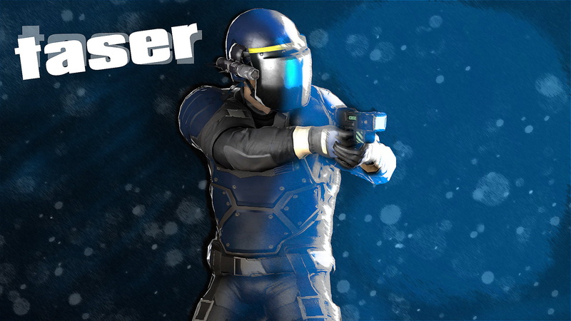 sign, text, Overkill Software, helmet, holding, day, sport, side view, water, one person, Fon, standing, protection, Taser, three quarter length, blue