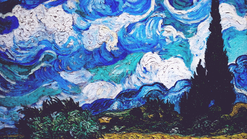 cypress, blue, 4K, clouds, shrubbery, Vincent van Gogh